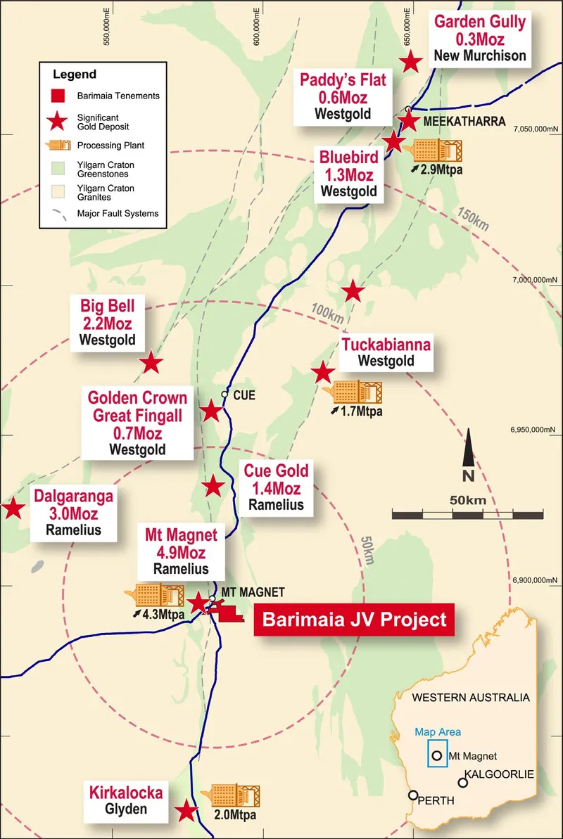 Location of the Barimaia Project and other nearby deposits in the district. See Table 2 for source data for Mineral Resources of Gold Deposits in the Murchison…