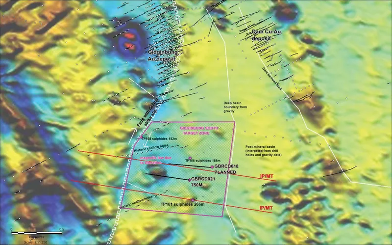 First vertical derivative reduced to the pole magnetics (Southern Zone) with drill hole locations of GBRCD021 and GBRCD018 (planned)