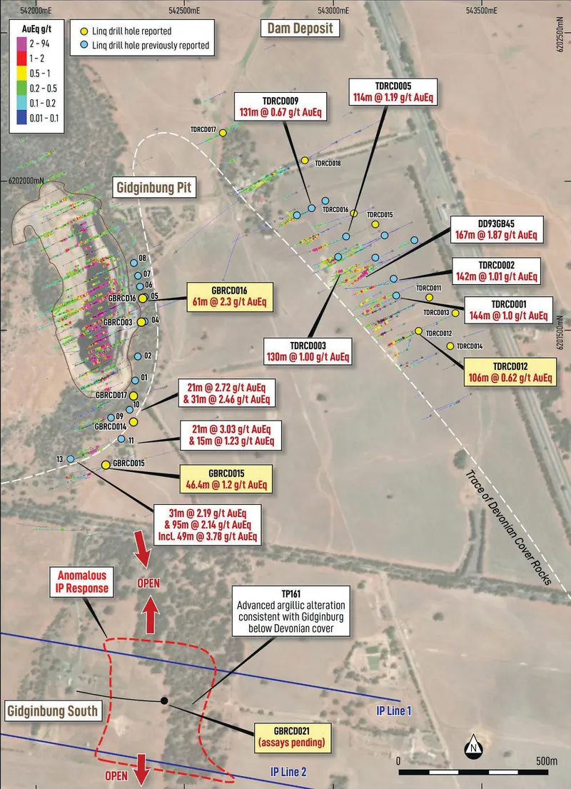 Plan image of Gidginbung and the Dam illustrating the location of the Gidginbung South IP lines and associated anomalous IP response