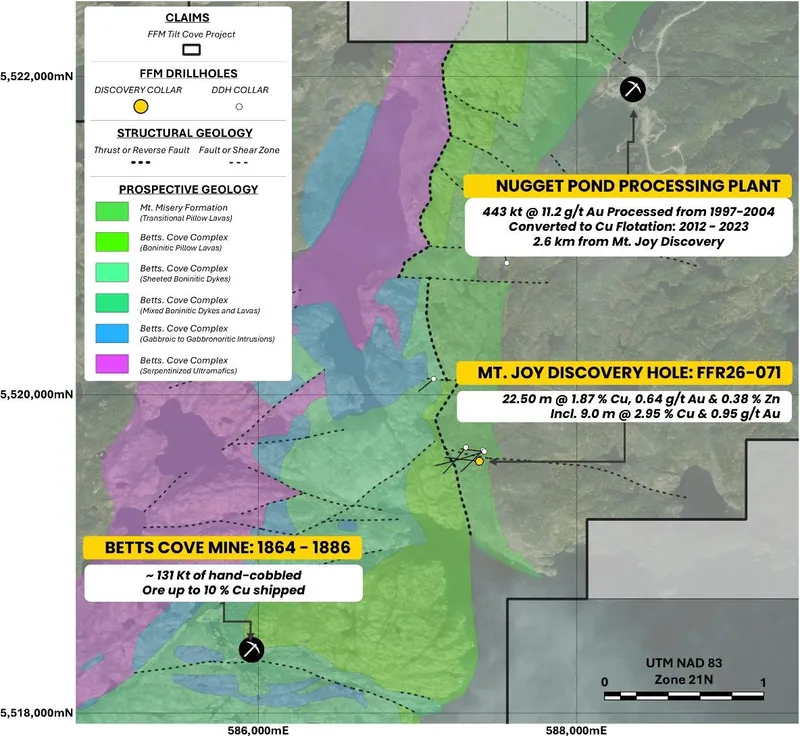 Mount Joy discovery location and regional geology, showing the Nugget Pond processing facility and the prospective volcanic sequence within the Tilt Cove–Betts…