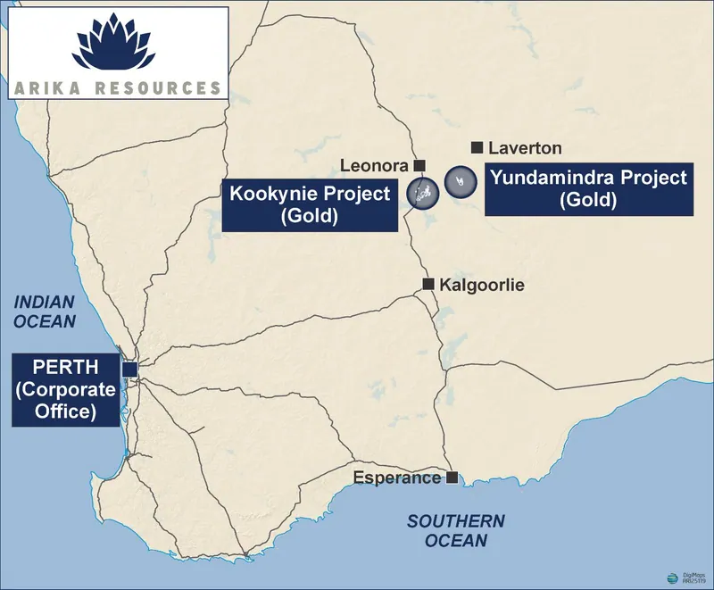 Regional location plan showing Arika’s Kookynie and Yundamindra Gold Projects in relation to Perth and Kalgoorlie and the regional town centres of Leonora and…
