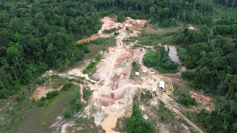 Aerial view of small-scale workings in primary material on the Gadu Manda Project - October 2026