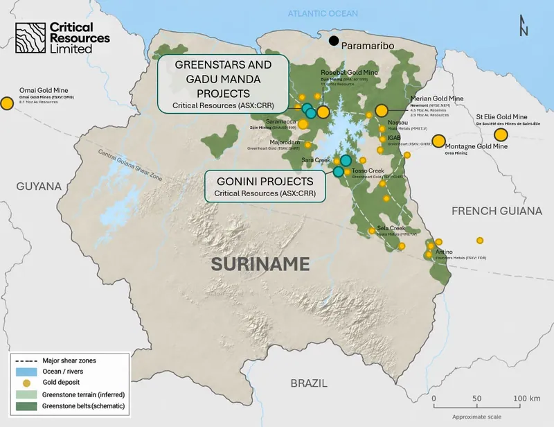 Location of the Gadu Manda, Greenstars and Gonini Gold Projects and other gold deposits within the Suriname greenstone belt