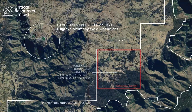 Mayview Antimony Prospect with surface rock samples