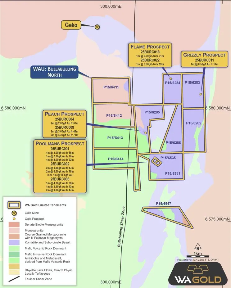 Map of Bullabulling North showing priority prospects and latest drill results