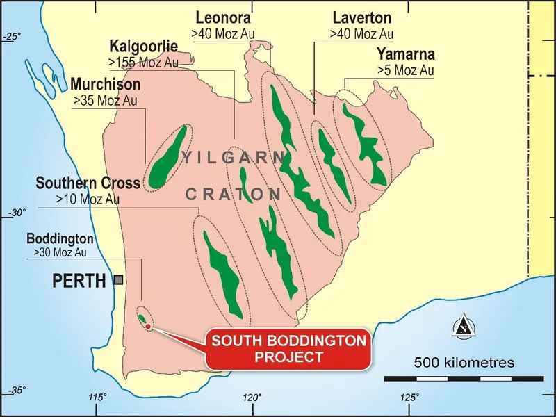 Map of the Yilgarn Craton in Western Australia highlighting major gold regions/belts and showing the location of WA Gold’s South Boddington Project