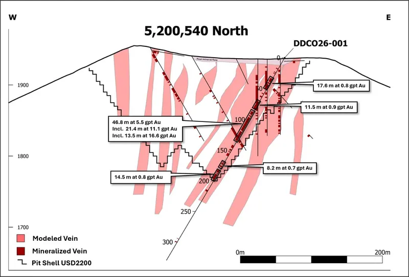 West–east cross-section at 5,200,540 mN (looking north; ±25 m window) showing DDCO26-001 against historical drilling, coloured by gold grade down-hole depth ma…