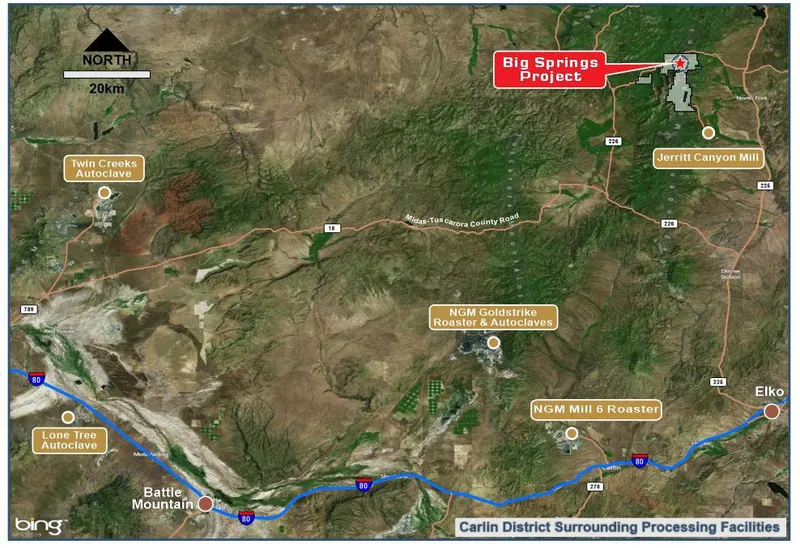 Location of the Big Springs Gold Project in relation to nearby gold processing facilities in northern Nevada