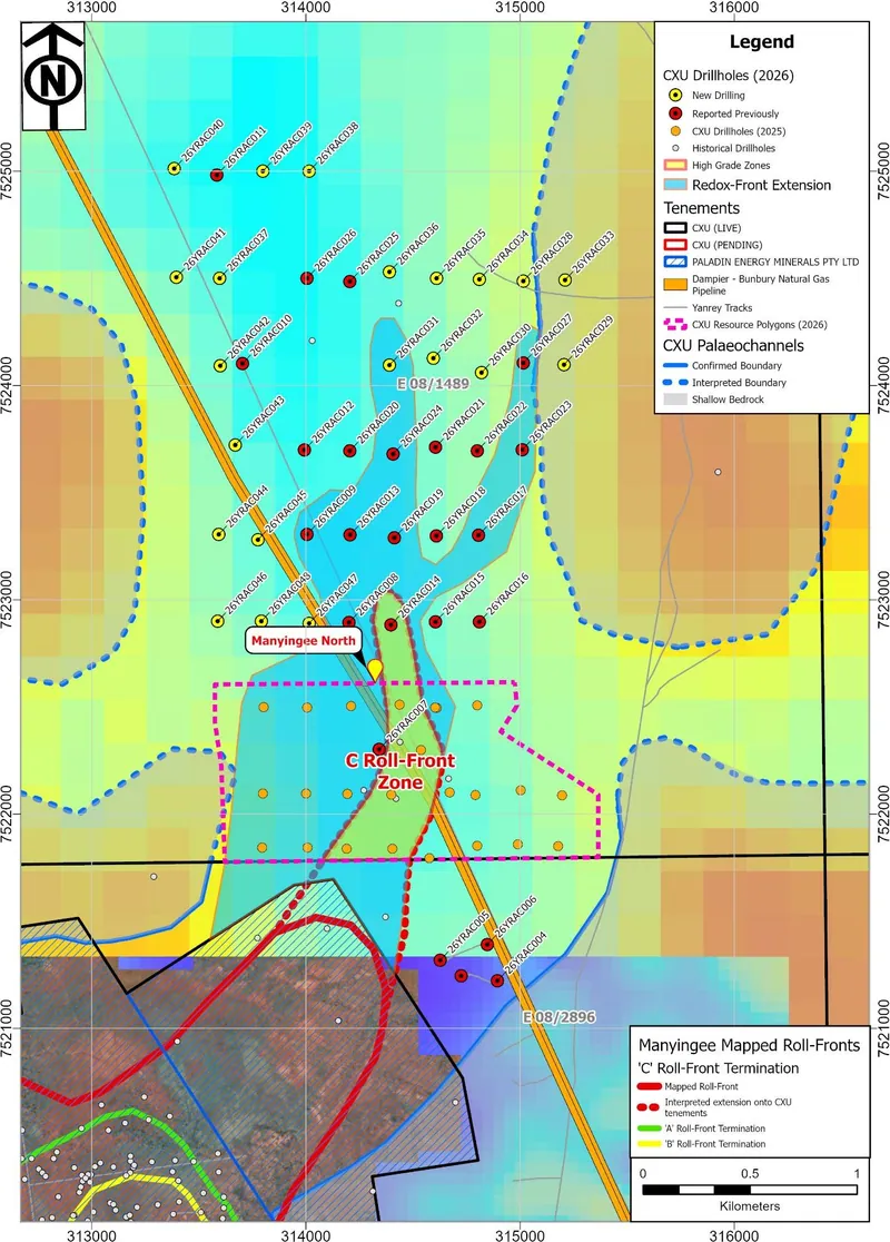 Manyingee North showing completed drillhole locations and passive seismic survey interpreted depth to bedrock surface