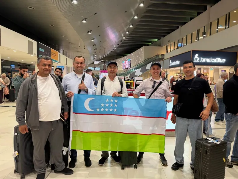 Navoiyuran and MINGEO representatives on arrival at Perth International Airport with Cauldron CEO Jonathan Fisher