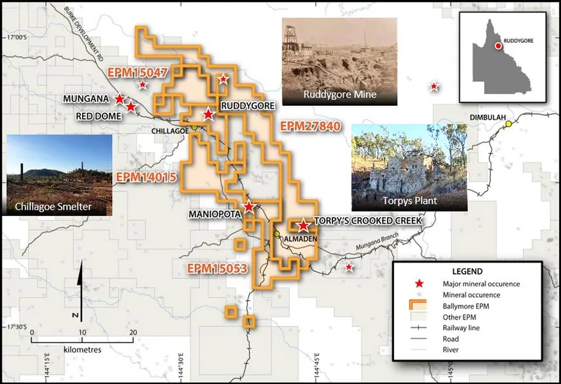 Ruddygore Project area with location of historic Red Dome and Mungana mines as well as key Ballymore drill targets – Ruddygore, Maniopota and Torpy’s