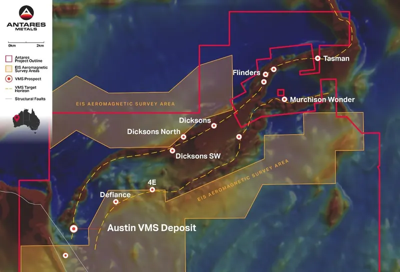 Quinns project with Austin VMS deposit prospects, prospective VMS target horizon and Airborne Magnetic Survey areas on magnetic imagery