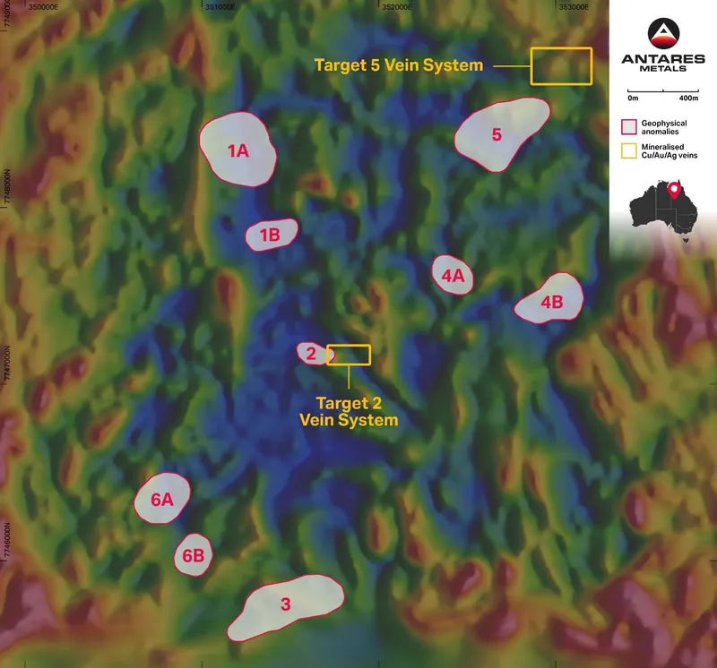 Conglomerate Creek geophysical targets on Antares 2024 UAV magnetic survey (TMI RTP)