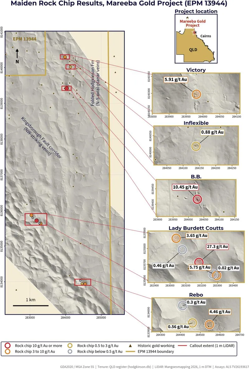 Maiden rock chip results, EPM 13944, over the 1 m LiDAR digital terrain model. Datum GDA2020 / MGA Zone 55
