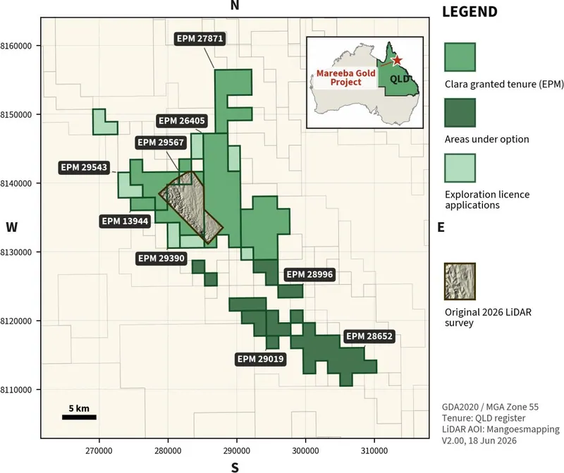 Mareeba Gold Project consolidated ground and expanded 2026 LiDAR survey area. Tenure from the Queensland register; datum GDA2020 / MGA Zone 55
