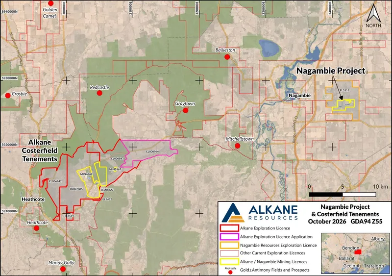 Regional plan showing the location of the Nagambie property, in relation to the extent of Alkane’s Costerfield properties and other regional fields and deposits