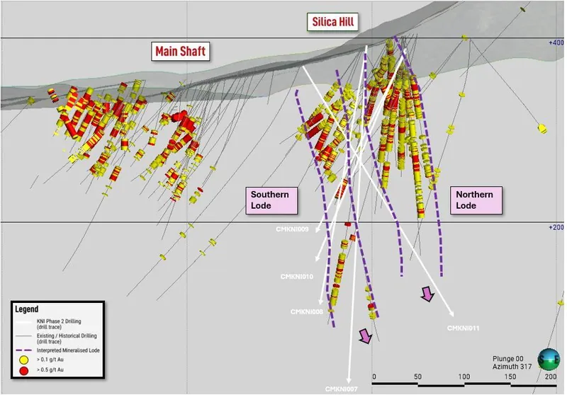 3D section through the Commonwealth–Silica Hill system showing Phase 2 drill holes (white traces), historical drilling and downhole gold assays, with the inter…