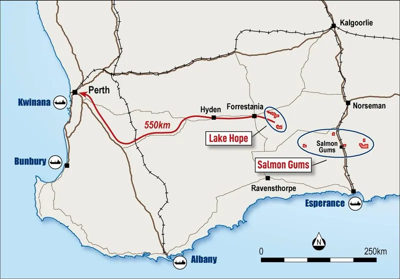 Location of the Lake Hope HPA and Salmon Gums Potash and Acid Project in Western Australia