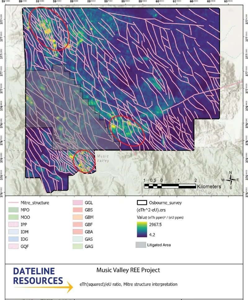 Th2/U ratio map (Viridis colour palette, with 5% standard deviation stretch) developed to show high Thorium concentrations relative to normal granite / granite…