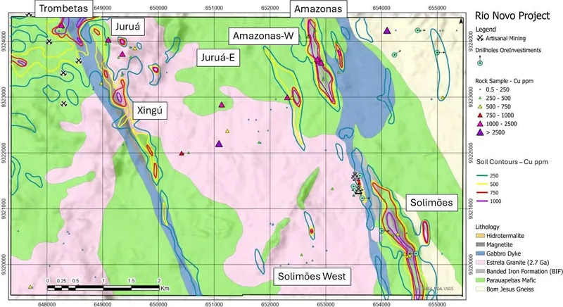 Location Map showing the Rio Novo tenement copper-in-soil anomalies and underlying geology