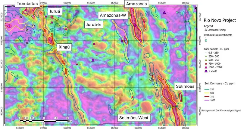 Rio Novo DMAG interpretation (Analytic Signal) with prospects, Cu-in-soil contours, rock chips by Cu