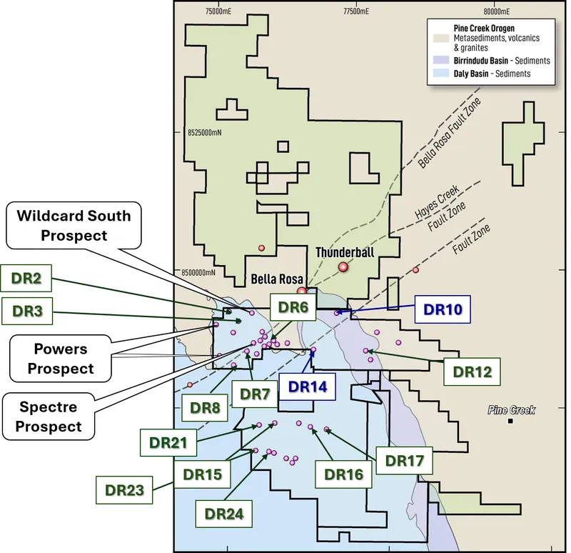 Regional geology map of the Thunderball Uranium Project with confirmed Uranium Prospects and targets