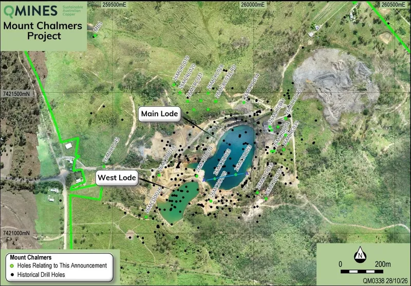 Mt Chalmers drillhole collar plan showing holes reported in this announcement and historical drilling