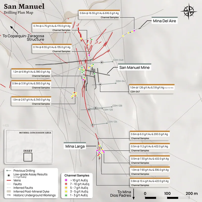 Plan map of the San Manuel area showing recent channel sample highlights and location of previous drilling