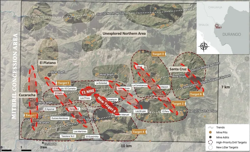 Copalquin mining concession area map (70km2) showing the current main target areas, Target 1 resource area and the Target 4 structure location with other poten…