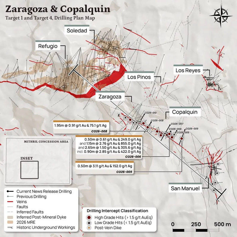 Plan map showing Target 4 (Copalquin-Zaragoza) drill hole trace locations and highlight intercepts in this announcement and the Target 1 resource footprint are…