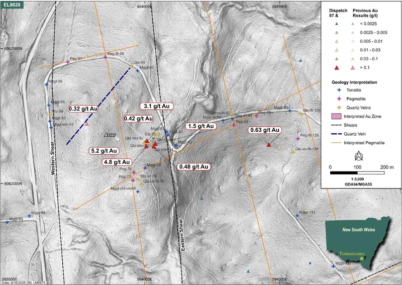 Aster Prospect geology showing the interpreted north-south shear corridor and selected rock-chip gold results7