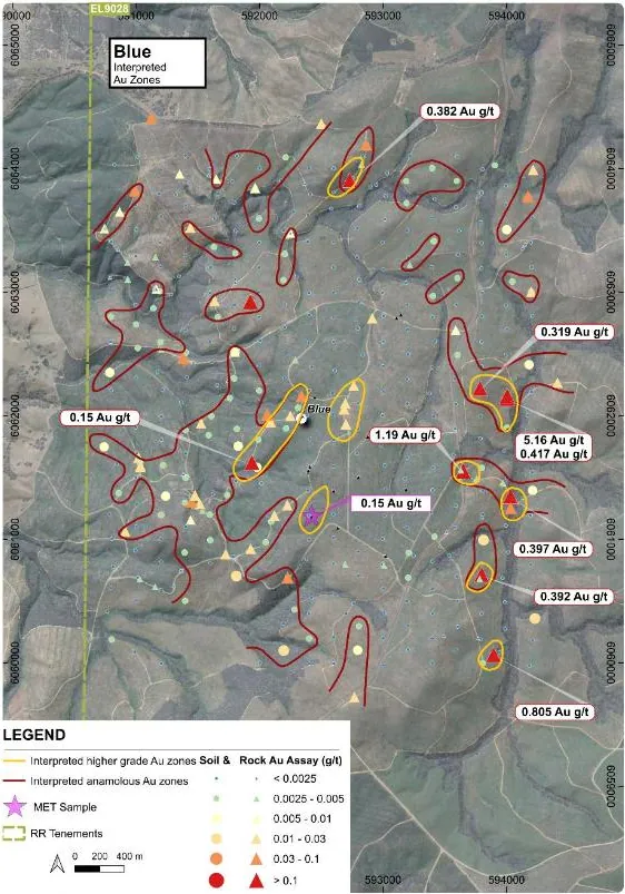 Blue prospect showing interpreted soil and rock gold anomalies2