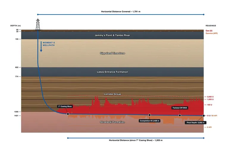 Schematic cross-section showing the Wombat-5 well path and significant gas shows to be evaluated during the production testing operations