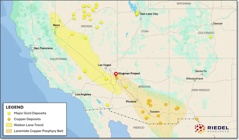 Kingman Project Location at Convergence of the Major Copper Porphyry and Gold Belts