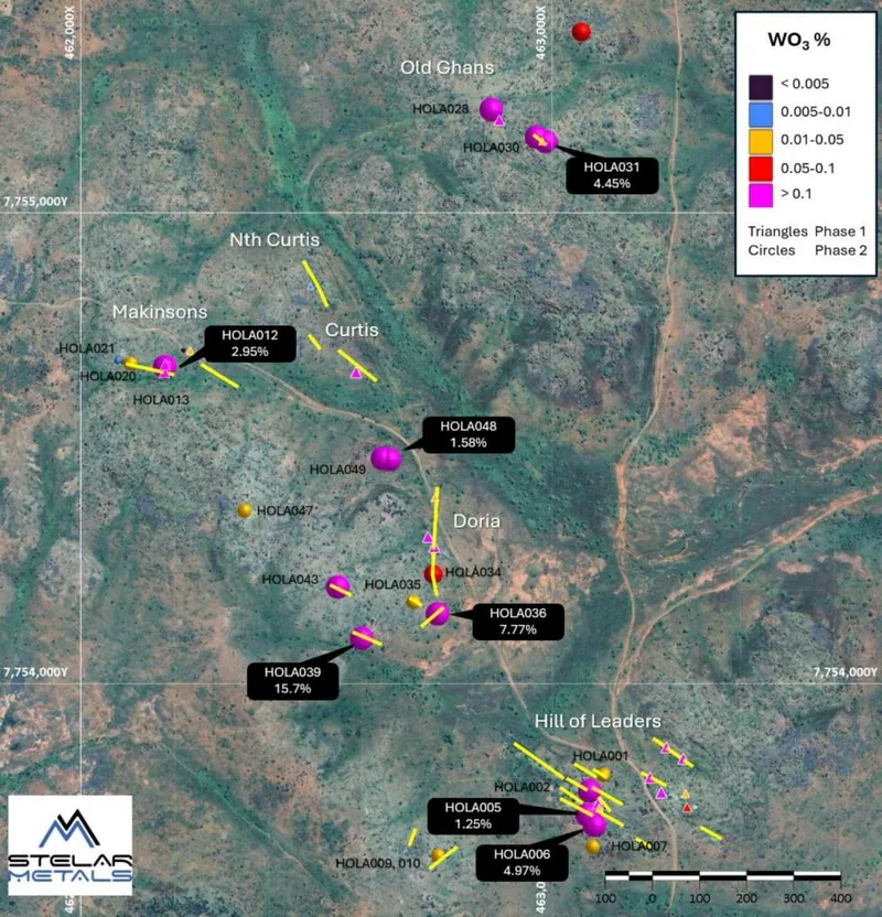 Phase 2 sample location map with highlighted grades and mapped veins (yellow)