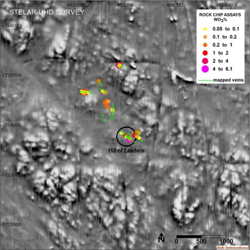 Hill of Leaders mine area on aeromagnetic image from Stelar UHD survey and tungsten assays from rock chip samples, revealing multiple structures