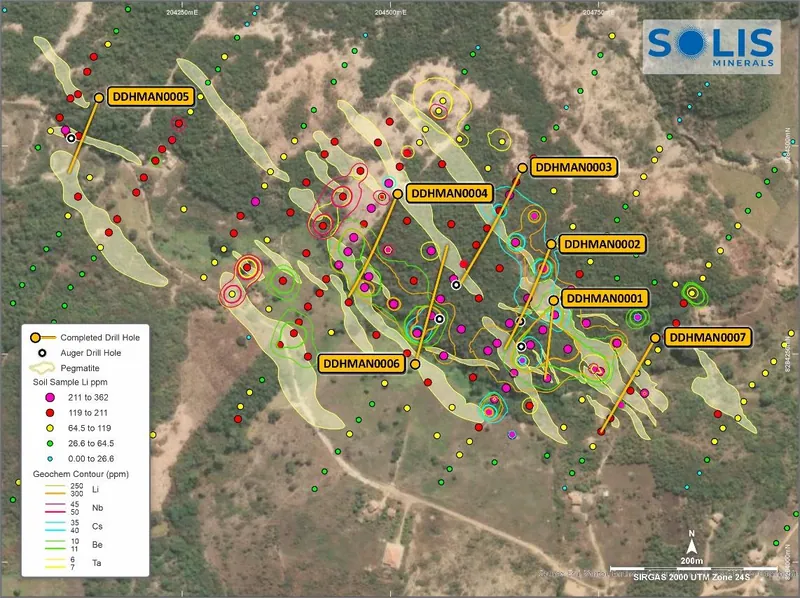 Mandacaru completed drill-hole collar locations and traces; over geochemistry results4, mapped pegmatites and interpreted geochemistry contours