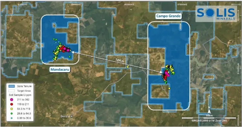 Brazil Lithium Project – Mandacaru and Campo Grande project areas located approximately 18 kilometres apart