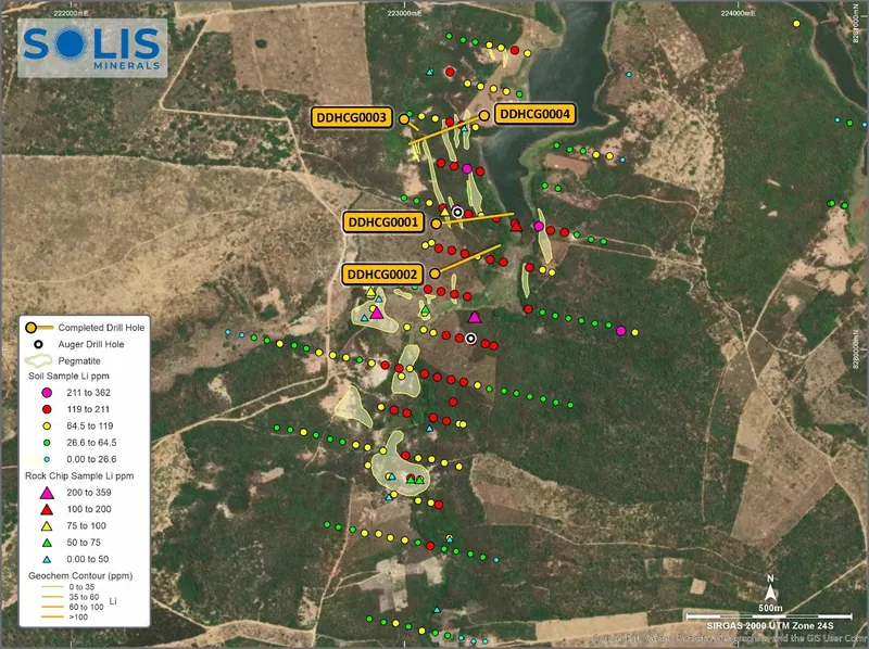 Planned Campo Grande diamond drill-hole collar locations targeting mapped pegmatites and coincident auger, rock-chip and soil geochemical anomalies4