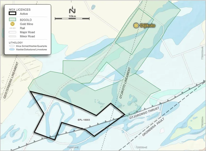 NGX’s Otjikoto South Project licences showing the dominant lithology associated with the Otjikoto Deposit trending south along with major structural features i…