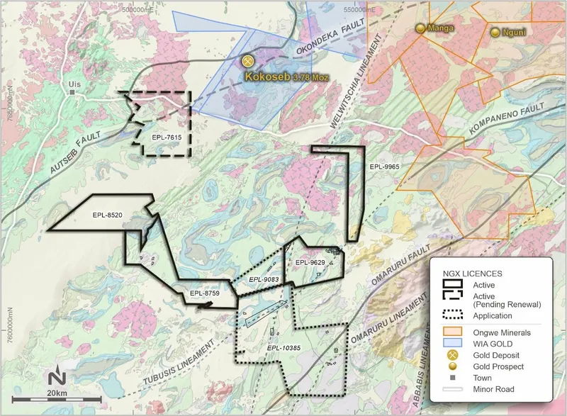 NGX’s Erongo Gold Project location showing major lineaments and faults on background 1:250k geology mapping