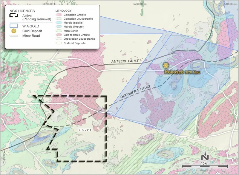 NGX’s northern EPL (pending renewal) of the Erongo package within 10kms of WIA Gold’s Kokoseb