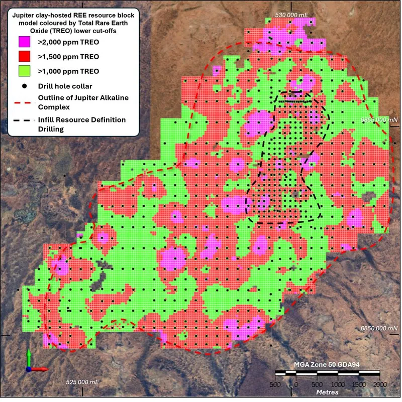 Jupiter clay-hosted REE resource block model plan coloured by Total Rare Earth Oxide (TREO) lower cut-offs