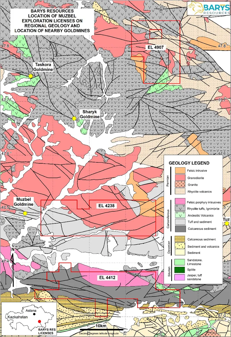 Regional geology of the North Balkhash region showing the three tenements owned by Barys Resources Ltd