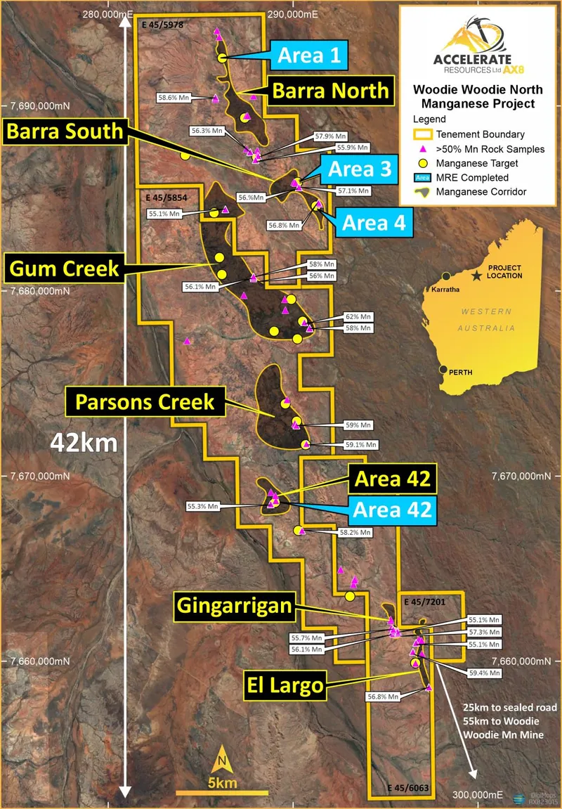 Woodie Woodie North Manganese Corridors and Project Resource areas defined in Blue