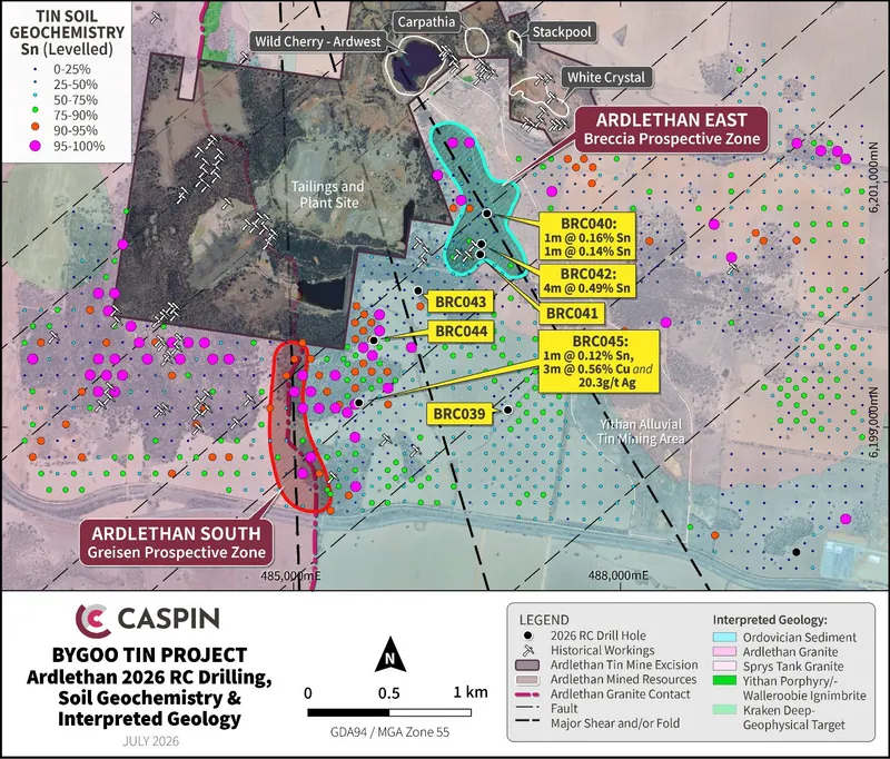 Summary of Ardlethan South and East drilling and tin soil geochemistry results, highlighting prospective zones