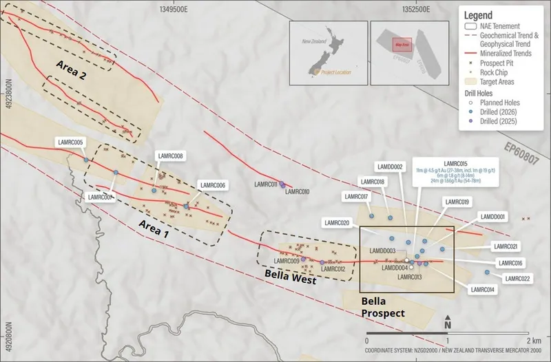 High-priority areas for 2027 trenching program (Bella West, Area 1, Area 2), identified from the new integrated compilation