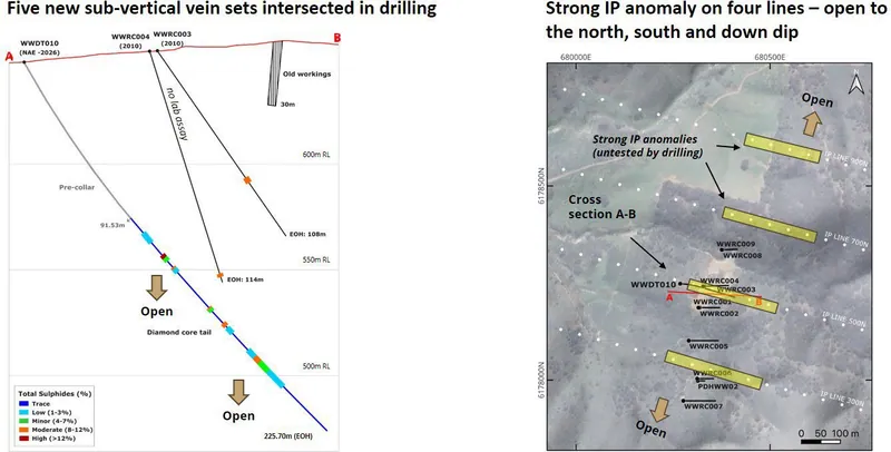 Location and cross-section through WWRC010/WWDT010 showing logged total sulphides and vein sets (refer to ASX Announcement dated 6 October 2026)