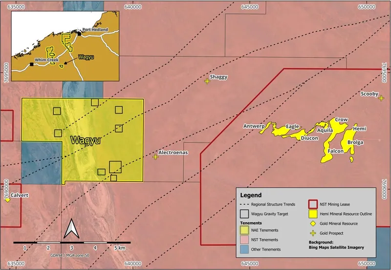 Location Map showing NAE’s Wagyu Gold Project (E47/2974) in the Gold Mineralisation Corridor within the Mallina Basin (Pilbara, WA) shared with Northern Star’s…