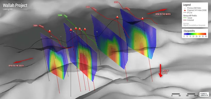 Target map (isometric view) showing the reprocessed IP lines, defined drill targets and extent of the magnetic quiet zone (greyscale background)